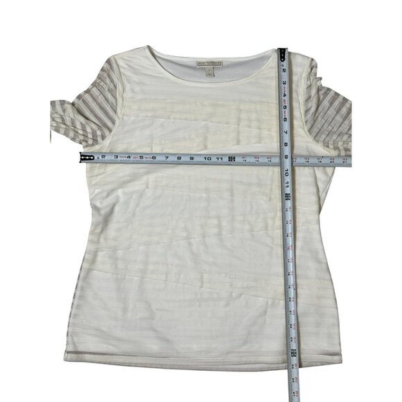 Dana Buchman Womens Size Large Blouse White Ruffle Striped Mesh 3/4 Sleeve Top - Picture 6 of 10